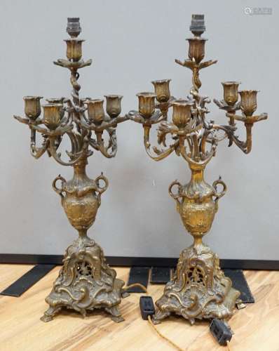 A pair of French bronze or brass six light candelabra 60cm