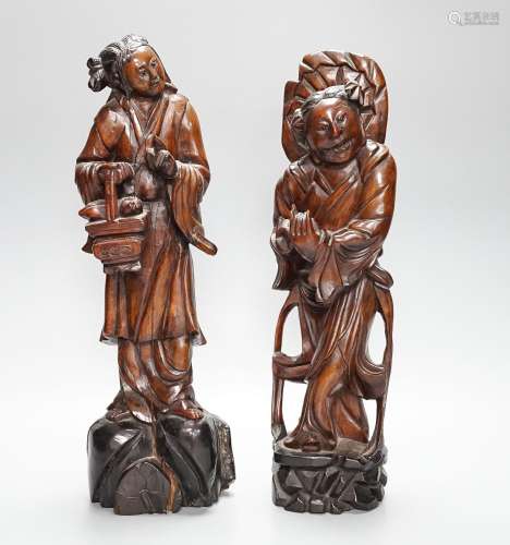 Two early 20th century Chinese carved hardwood figures of la...