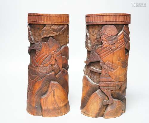 A pair of Japanese carved bamboo brushpots 27cm, carved with...