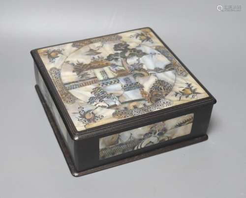 A Chinese mother of pearl inlaid hardwood square box and cov...