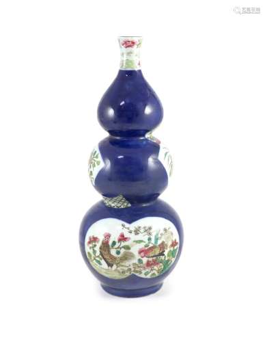 A famille rose blue ground ‘cockerel’ vase, probably Samson,...