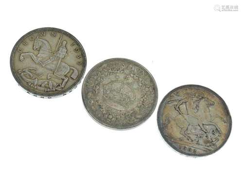 Edward VII silver crown - 1902, and two George V Crowns 1927...