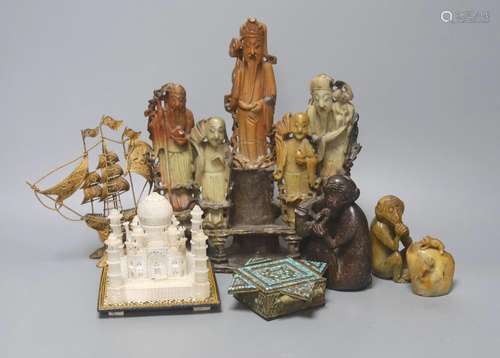 A group of Chinese soapstone carvings, an Indian Alabaster m...