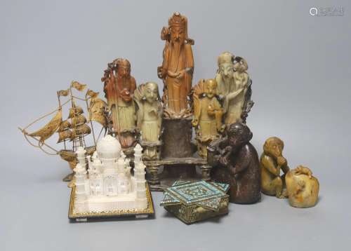 A group of Chinese soapstone carvings, an Indian Alabaster m...