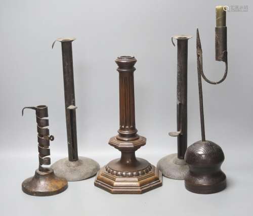 A wrought iron taperstick, a pair of iron telescopic candles...