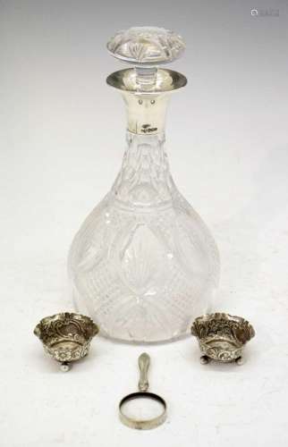 George V silver mounted cut glass decanter, pair salts, and ...