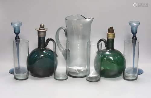 Two 19th century green glass hock jugs, a set of six Waterfo...
