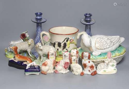 A Staffordshire pottery ‘duck’ tureen and cover, 23cm, a pai...