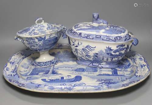 A group of 19th century blue and white pottery to include a ...