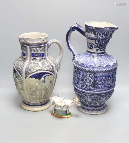 Two large German blue stoneware jugs 36cm