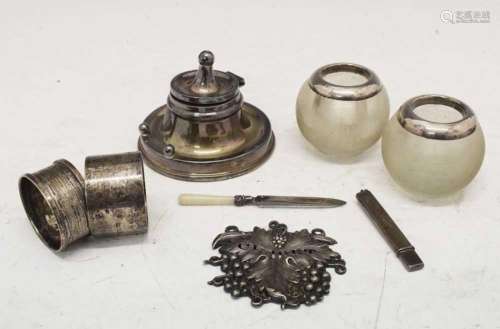 Quantity of silver items to include George V silver inkwell,...