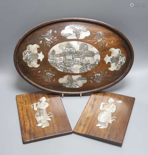 A Chinese hardwood and mother of pearl inlaid oval tray, 43c...
