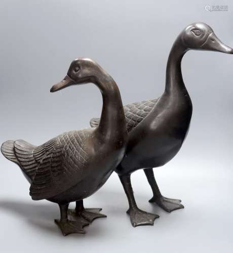 A pair of modern Chinese bronze models of geese, largest 48c...