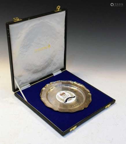 Queen Elizabeth II silver salver with commemorative enamel d...