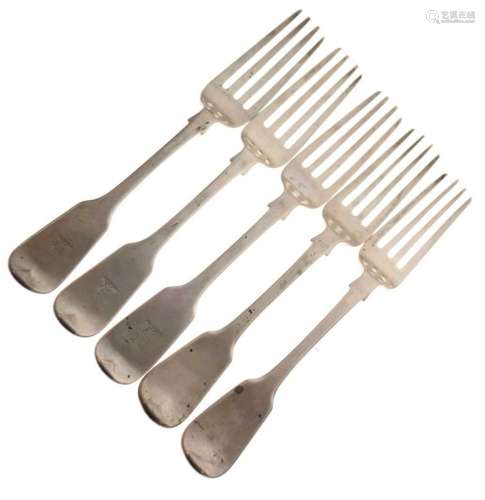 Five silver Fiddle pattern table forks