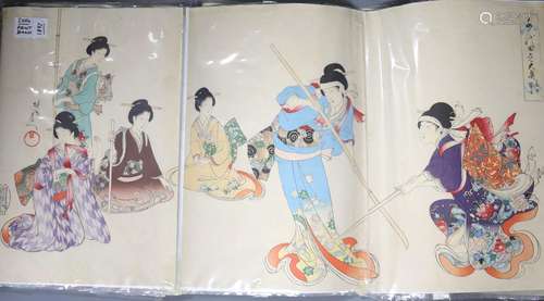 Three Japanese woodblock triptychs by Chikanobu Toyohara and...