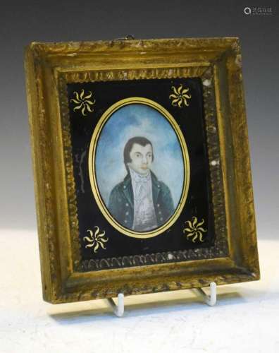 Naive portrait of a gentleman in verre eglomise frame
