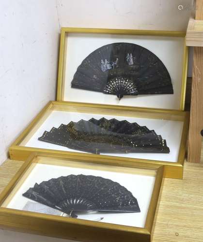 Three 19th century black sequin mounted fans, One hand paint...