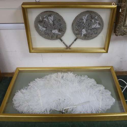 An ostrich feather fan, case 45 x 75.5 cm and a pair of case...