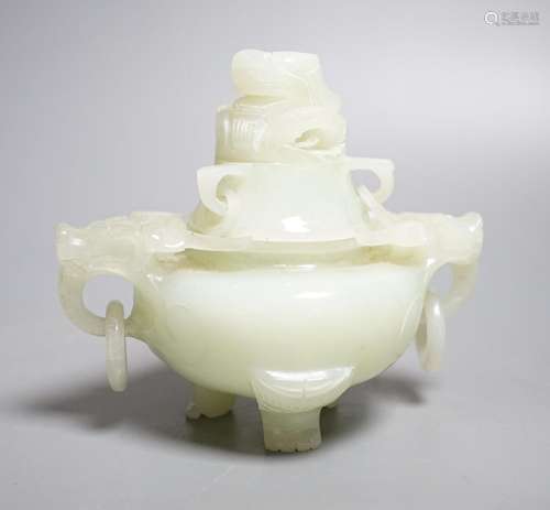 A Chinese bowenite jade censer and cover, overall height 12c...