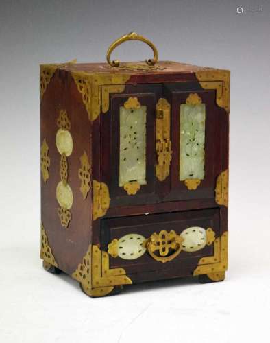 20th Century Chinese hardwood jewellery box with jadeite pan...