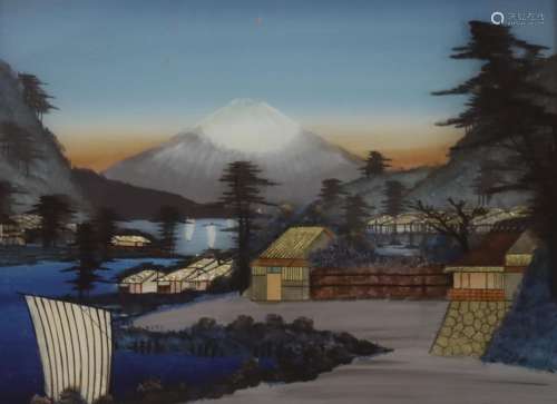 A Japanese reverse painted glass picture of Mount Fuji, fram...