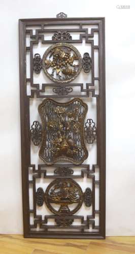 A 19th century Chinese gilded and lacquered wood panel 126 x...