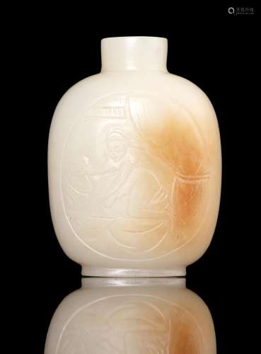 A RUSSETS AND WHITE JADE ‘EROTIC SUBJECT’ SNUFF BOTTLE INSCR...