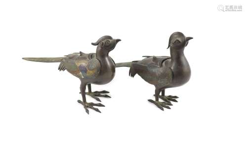 Two similar Japanese champlevé enamel and bronze ‘pheasant’ ...