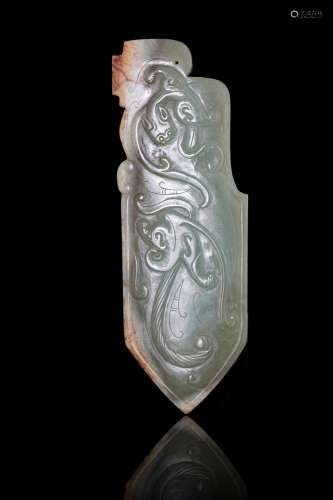 A CELADON AND RUSSET JADE ARCHAISTIC BLADE China, Modern L: ...
