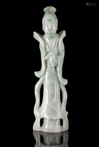 A APPLE GREEN ACCENT MILKY JADEITE CARVING OF A GUANYIN Chin...