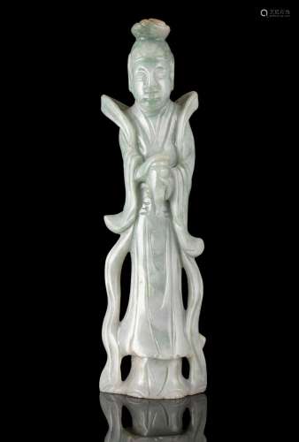 A APPLE GREEN ACCENT MILKY JADEITE CARVING OF A GUANYIN Chin...