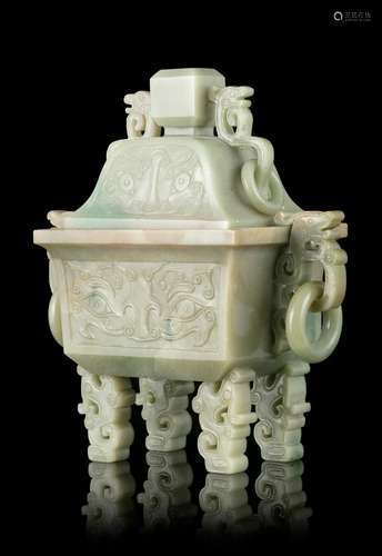 A JADEITE JADE ARCHAISTIC LIDDED INCENSE BURNER WITH LOOSE R...