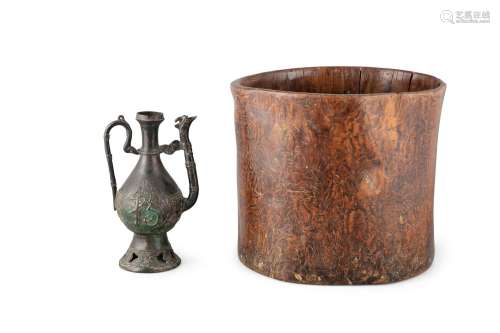 A LARGE ROOTWOOD POT TOGETHER WITH A WANLI STYLE ‘SHOU’ EWER...