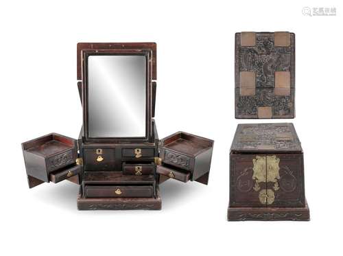 A POSSIBLY HONGMU ‘DRAGON AND BATS’ TRAVEL VANITY SET Southe...