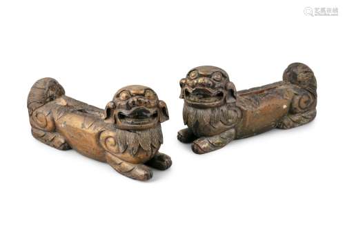 A PAIR OF WOODEN FU LIONS / BUDDHISTIC LIONS China, Circa 19...