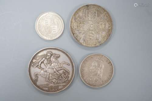 Victoria silver Jubilee head coins, double florin 1887, hair...