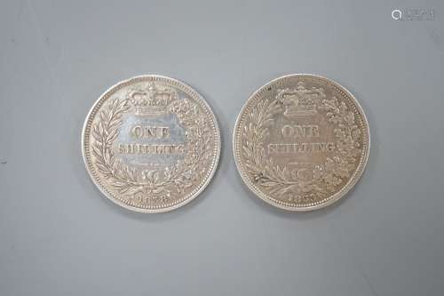 Two Victoria silver shillings 1838, GVF and 1853, VF