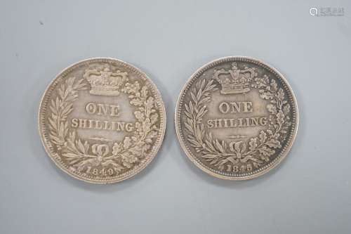 Two Victoria silver shillings 1849, GVF and 1845, VF