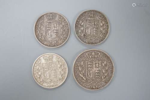 Victoria silver crown 1844, F and three halfcrowns 2 x 1846,...