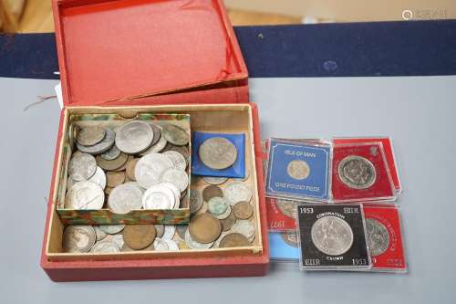 A collection of coins including a Victoria crown and two flo...