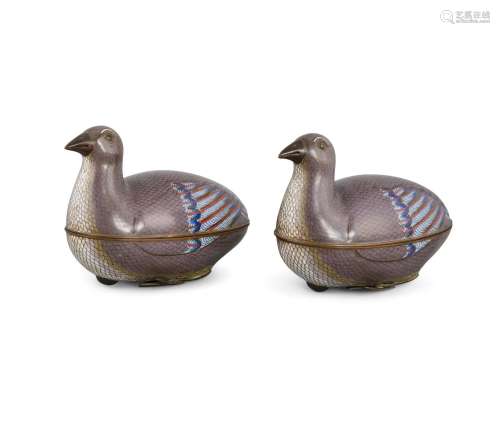 A PAIR OF CLOISONNE ON COPPER ‘QUAIL’ BOXES AND LIDS China, ...