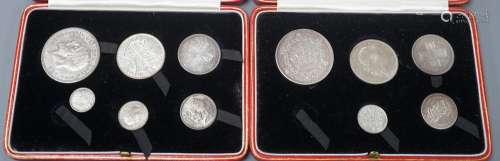 Two George V silver proof coin sets 1927, crown to threepenc...