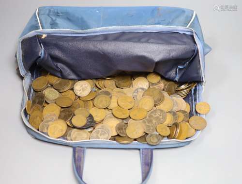 A large bag of UK pennies, coins and a bottle of sixpences