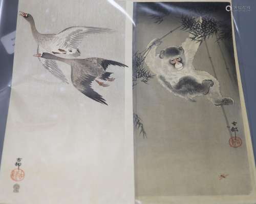 Six Ohara Koson woodblock prints of birds and a monkey, 36.5...