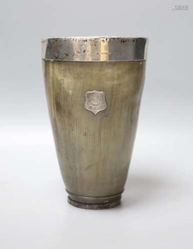A Victorian oversized silver mounted horn beaker 21.5cm