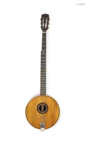 A wooden banjonut to bridge 27 inches, 21 frets, with label ...