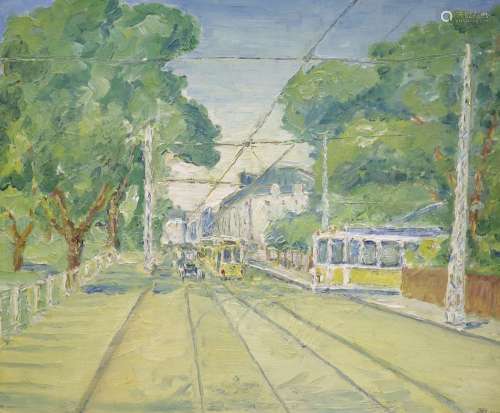 Modern British, oil on board, Street scene with trams, monog...