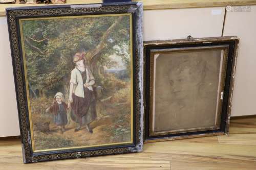 Victorian School, watercolour, Mother and child on a lane, i...