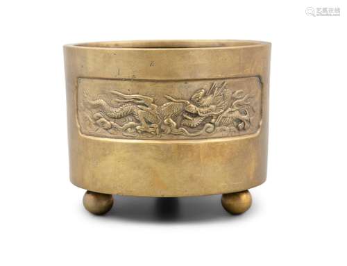 A BASE METAL ‘DRAGON AND FU LU SHOU’ INCENSE BURNER China, 2...